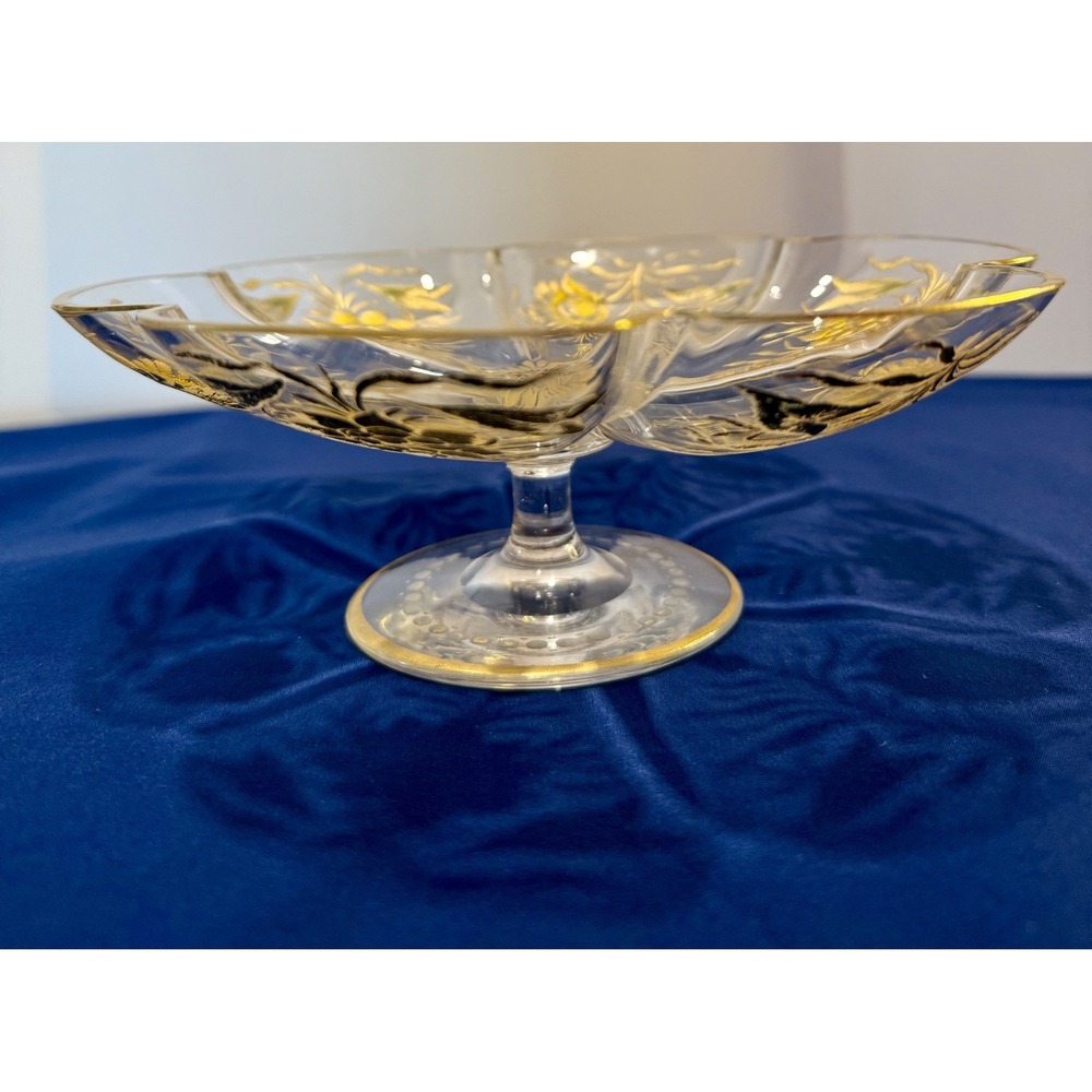 RARE Antique BOHEMIAN MOZER Engraved With Gold Foil Leaf Compote‎